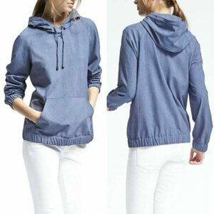 Banana Republic Womens Medium Luxe Brushed Twill Hoodie Blue Plaid Pockets